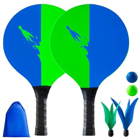 U&C Planet Beachball Set Paddle Ball Game Wooden Beach Bat Set Racket Game for Children&Family 2 Paddles 2 Balls and 2 Birdies Toys for Garden Beach Party