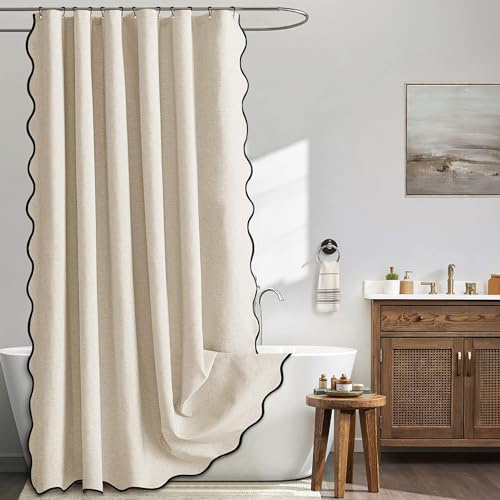 Kavier Toile - Rideau de douche avec structure en lin synthétique, imperméable et design en tissu épais, inclut 12 crochets en métal inoxydable, 180 x 180 cm, décoration de salle de bain, bord beige