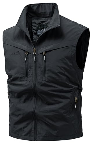 FEOYA Gilet för män utomhus fiskeväst safari resa arbete lätt väst med flera fickor snabbtorkande fotografi väst ledig ärmlös väst med dragkedja, Svart, 3XL
