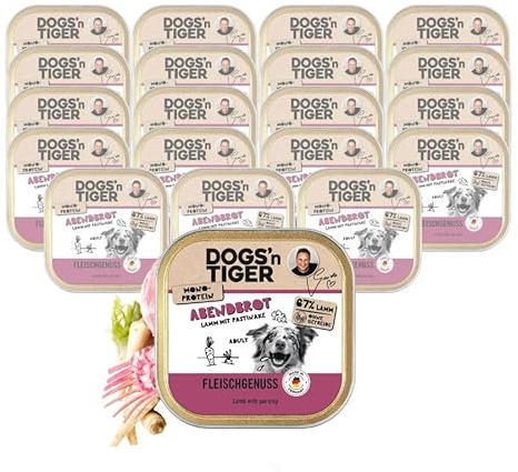 Dogs'n Tiger Bol à sandwich pour chien adulte, agneau avec panais, 67 % de viande, sans céréales, sans sucre ajouté et conservateurs artificiels, monoprotéine – 20 × 150 g