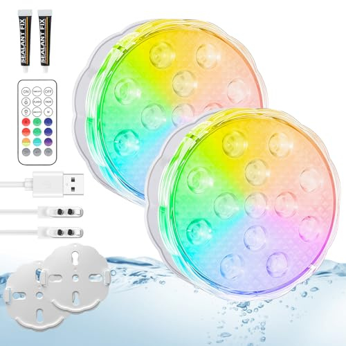 daphomeu 2Pcs Luces Recargables para Piscina con Mando a Distancia, Luces Sumergibles Impermeables IP68 para Piscinas Elevadas y Enterradas, Baños, Duchas, Decoración de Fiestas, Spas, Acuarios