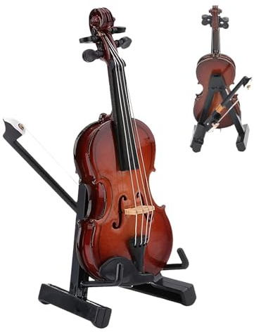 Violino in miniatura, strumento decorativo da esposizione, materiale artigianale in legno con design dettagliato delle corde, pezzo di ornamento compatto, decorazione musicale classica per casa