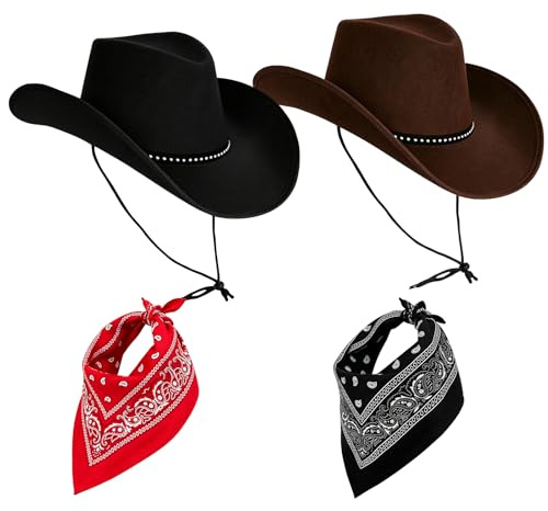 Lotiaan Cowboy Hats for Men and Women with Bandana Scarf, Unisex Western Hats Set, Cowboy Hat Cowgirl Hat Fancy Dress, Texan Costume Accessories for Adults, for Halloween Birthday Cosplay Party