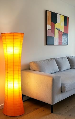 Trango Lampadaire LED en papier de riz 1230L au design moderne *AMSTERDAM* en lampe ronde en papier orange, 125 cm de haut avec 2 ampoules LED E14 comme lampe déco de salon, lampadaire, abat-jour