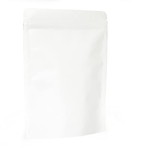 Evergreen Goods™ Lot de 50 sacs alimentaires en papier blanc 130x185mm | Fermeture éclair, doublure alu, auto-scellable | Café, noix, collations