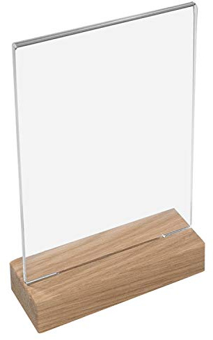 HMF 46942 Acryl Tischaufsteller mit Holzfuß | DIN A5 Hochformat | Glasklar
