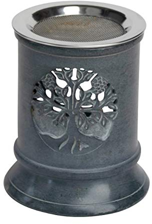 Räucherstövchen aus SPECKSTEIN mit LEBENSBAUM Motiv naturfarben Höhe 10 cm mit Edelstahl-Siebeinsatz Teelicht geeignet Handarbeit aus Indien von MaMeMi