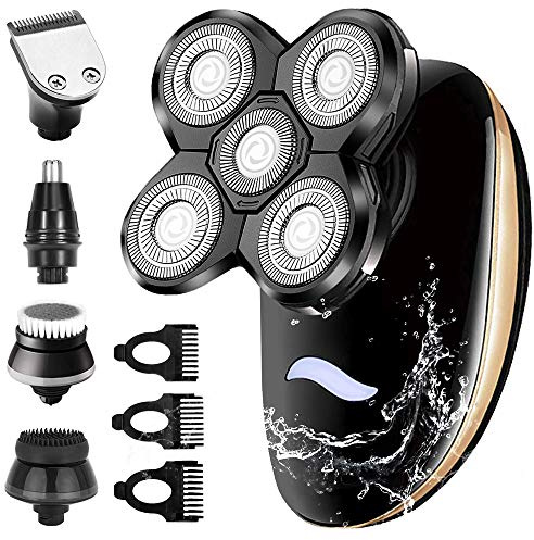 5 IN 1 Afeitadora Eléctrica Cortapelos Hombre, Uso en Húmedo & Seco, 4D Cabezas Rotativa y Barba Electrica Maquinilla De Afeitar, Afeitadora de Cabeza Calva Recortador, USB Recargable, Impermeable