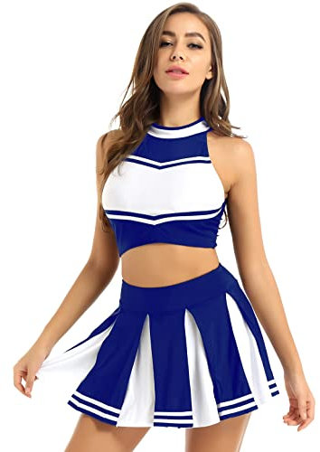 Doomiva Damen Cheerleaderin Kostüm Set Karneval Faschings Tanzkostüm Set Cheerleading Kostüm Cheerleaderuniform Halloween Tanzkleidungset Blau S