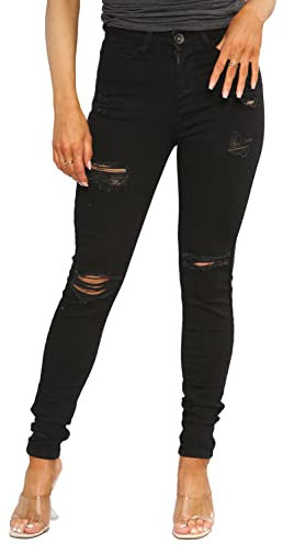 989Zé ENZO EZL417 Damen Jeans Skinny Stretch Ripped Hose Damen Denim Slim Fit Hose mit Rissen Taille Größen 36-48, Schwarz , 40