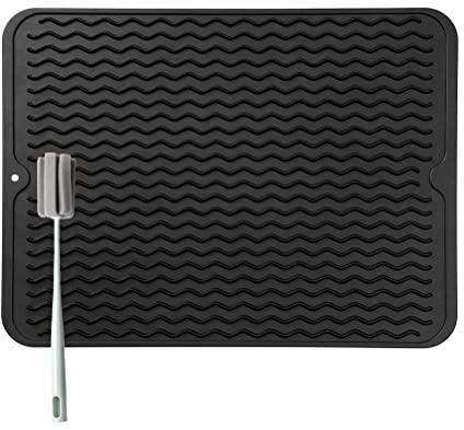 Silikon Abtropfmatte für Geschirr - 50 x 40 cm Abtropfmatte für Geschir, BPA-frei, Geschirr Trockenmatte, Hitzebeständig, Rutschfest, Spülmatte Abtropfunterlage mit Bürste (Schwarz, 50 x 40 cm)