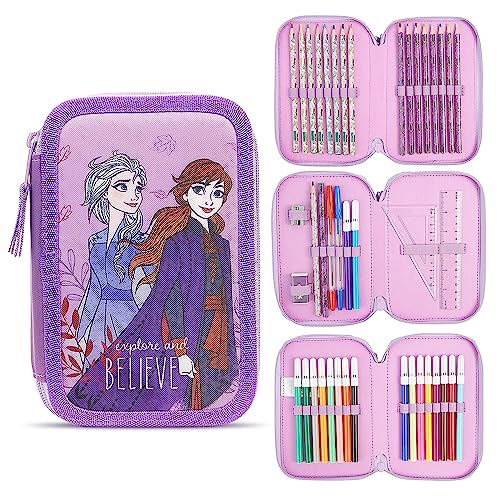 Disney Federmäppchen Mädchen Die Eiskönigin Stitch Federtasche Mädchen Gefüllt Schulmäppchen 2 3 Fächer mit Inhalt Schule Etui Pencil Case Schulmäppchen (Rosa Eiskönigin Mehrfach)