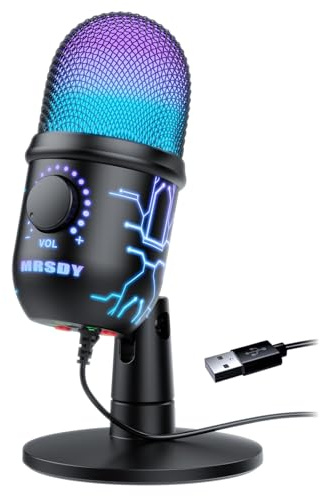 MRSDY Gaming Microphone, USB Computer Microphone for PC, Mac, PS4/5, Condenser Podcast Mic for Studio Recording, YouTube, Streaming, with Headphone Jack, Led Light, Mute, Gain, Noise Cancellation