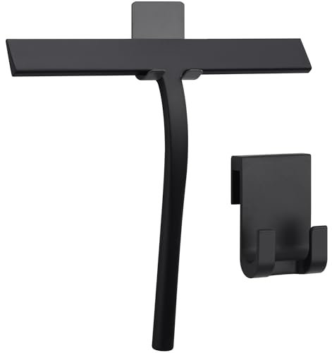 KincMax Rasqueta Limpiacristales - Escobilla Limpia Cristales Mamparas Ducha - Limpiador Cristales con Soporte para Colgar en Pared o Puerta de Ducha Sin Agujeros - Negro
