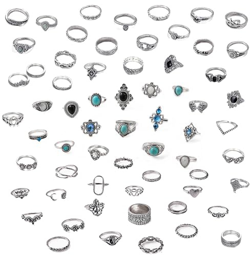Hifot 85-89 stycken boho ringar dam silver, knuckle ringar set, vintage ringar herr droppar, hjärta ring set sol och måne turkos orm fjäril blommor gåvor för kvinnor flickor, Ajustable, Metall, Ingen