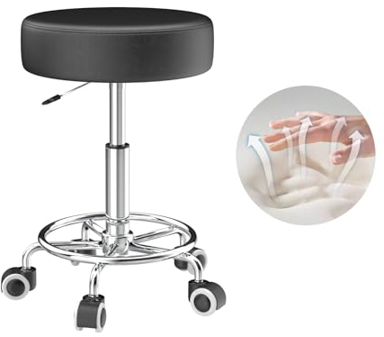 Hocker höhenverstellbar 49cm-63cm,Rollhocker mit fußstützezur Entspannung des Körpers,kompakt,bequem und leicht PU leder hocker mit rollen,drehhocker,arbeitshocker,friseurhocker,bürohocker (1 Schwarz)