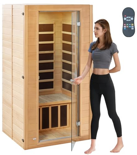 VEVOR sauna a infrarossi lontani in legno, sauna per casa da 1 a 2 persone, sauna a infrarossi a basso raggio EMF in legno ciclodo con porta in vetro temperato e lampada multicolore e altoparlante