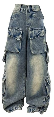 HUOQI Jeans da bambina strappati, lavati, baggy, gamba larga, jeans casual, taglia 5-16, pantaloni da pioggia, Blu, 11-12 Anni