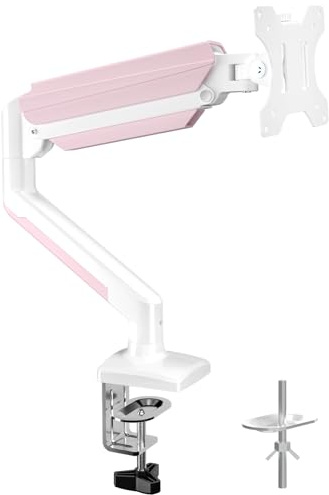 suptek monitorhållare för 13–32 tums LED-LCD-skärm upp till 9 kg, monitorarm med gasfjäder, 360° roterbar höjdjusterbar lutning, bildskärmhållare VESA 75 x 75/100 x 100 mm, vit-rosa