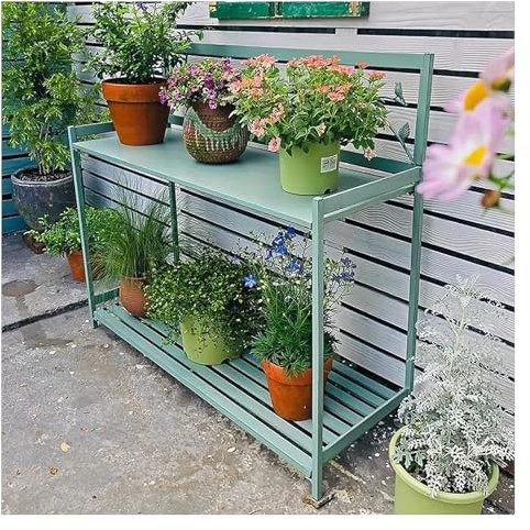 Supporto per Piante da Interno, Supporto per Piante in Legno, Tavolo da invasatura in Metallo per Patio Esterno con ripiano Aperto a 2 Livelli, Tavolo da Lavoro da Giardino per piantare (Ver
