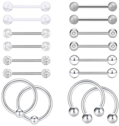 TYXHXTF 16Pcs Piercing per Capezzolo, Piercing Lingua Acciaio Chirurgico, Gioielli Piercing Corpo Argento per Piercing Barbells Donna