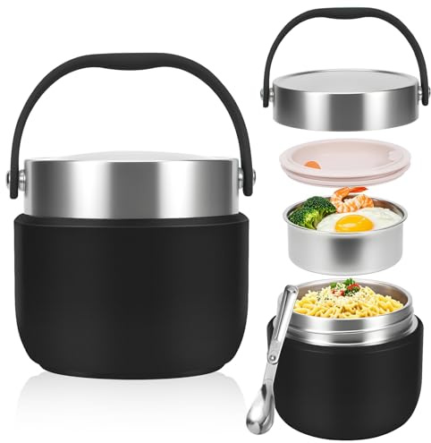 HOMIKLSA Thermobehälter für Essen 1200 ml,Thermoschüssel mit Deckel,Warmhaltebehälter Speisegefäß für Essen,Thermobox Essen Auslaufsicher mit Löffel, Erwachsene für von Suppen,Brei (Mattschwarz)
