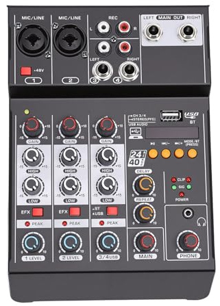 YUEHISY 4-kanals Ljudmixer, USB Bluetooth MP3-ingångsljudkort med 48V-ström, Stereo DJ-mixerkonsol, för Datorinspelning Karaoke Live