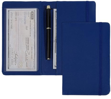 UNICRAFTALE Housse De Chéquier Personnel en Cuir Bleu pour Chéquiers avec Doubles Chèques 19.5x11.5cm 7.68x4.53inch Porte Stylo Et Fentes Cartes Blocage RFID pour Chèques Professionnels