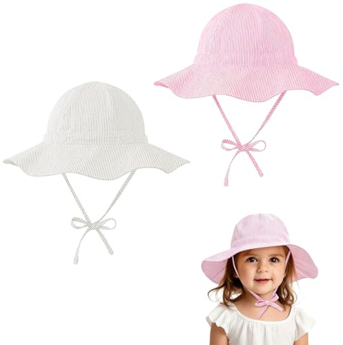 HTTDSLF 2 Pcs Sombrero Sol Bebé, Algodón Sombreros Sol Niña Niño, Sombrero de Playa Borde Ancho con Cordón Ajustable, Sombrero de Verano para Niños Pequeños Transpirable y Ligero para 12 a 24 Meses