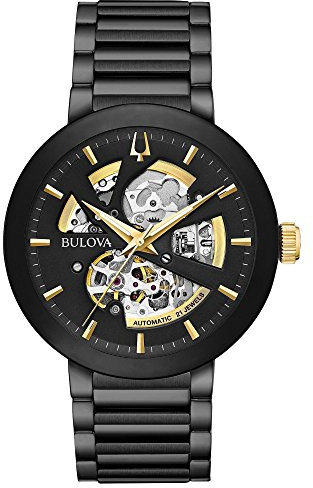 Bulova Men's Modern Black Ion-Plated Stainless Steel 3-Hand Automatic Watch, Skeleton Dial with Gold Tone Accents Style: 98A203