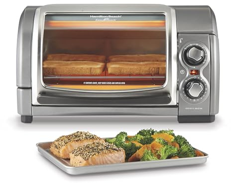 Hamilton Beach Easy Reach 4-Slice Countertop Toaster Oven With Roll-Top Door, 1200 Watts, Fits 9” Pizza, 3 Cooking Functions for Bake, Broil and Toast, Silver (31344DA)