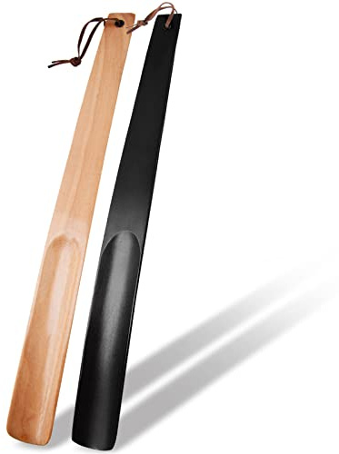 onebarleycorn 2Pcs Calzador Largo de Zapatos, 38 cm, Calzadores Largos de Madera Calzadora Shoe Horn Long para Personas Mayores, Hombres, Mujeres, niños (Negro Y Marrón Claro)