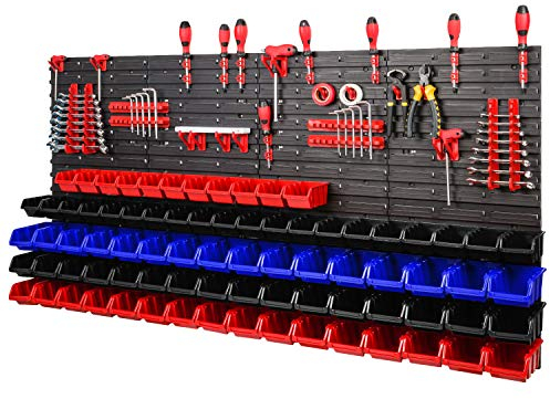 Lagersystem Wandregal 1544 x 780 mm | 79 Stück Rot/Schwarz/Blau Stapelboxen + 36 Rot Werkzeughalter | Stapelboxen Wandplatten