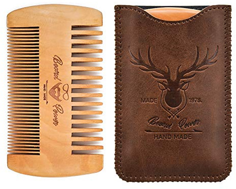 Menesia Wooden Comb with Durable Case - Fine & Coarse Teeth, Pocket Comb for Beards, Mustaches & Hair, Brown Deer Design