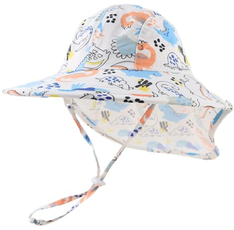 Pesaat Sombrero para el Sol para bebé niña con protección UV con protección para la Nuca Gorro de Verano para niños Paraíso de Playa Large（Dinosaurio Azul Cielo,3-12 Meses）