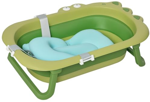 HOMCOM Baby Bath Tub for Toddler Kids Infant Ergonomic Foldable Secure Non-Slip Portable with Baby Cushion for 0-3 Years Green