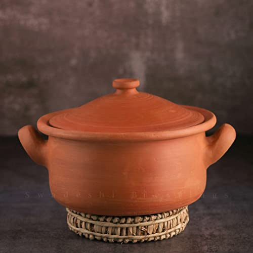 SWADESHI BLESSINGS Gamma esclusiva pentola in terracotta non smaltata per cucinare e servire con coperchio/terra Kadai/Mud Handi/Mitti Ke Bartan + supporto per palma e (2.5 litri)
