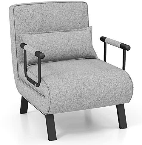 COSTWAY Poltrona Letto, 4 in 1 Poltroncina Pieghevole con Schienale Regolabile in 6 Posizioni, Sedile Imbottito Robusto, Divano Letto Singolo per Casa Ufficio, 79x65x79 cm (Grigio chiaro)