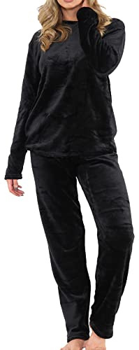 A2Z Womens Pyjamas Soft Warm Fleece Twosie Adults Crew Neck Long Sleeve - PJS 216 Black Ladies 12-14