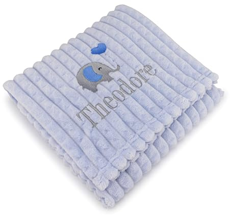 Lobeko Personalised Baby Blanket Embroidered with Name & Elephant Design Soft Customised Blanket for Newborn Baby Boy Cot & Pram Blanket Baby Boy Present 100x75cm (Blue)