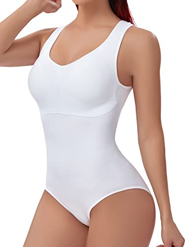 Joyshaper Femme Body Sculptant avec Soutien-Gorge Body Gainant Ventre Plat Invisible Bodysuit Shapewear Combinaison Minceur, Blanc, XL
