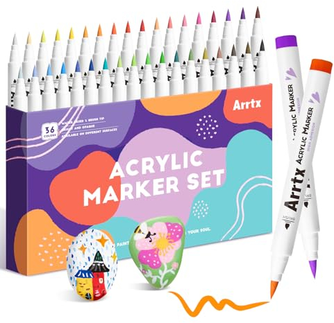 Arrtx Acrylfarbstifte, 36D-Farben, Pinselspitzenmarker für Stein, Holz, Keramik, Glas, Leinwand, Metall, Kunststoff, Stoff, Stein und DIY-Projekte