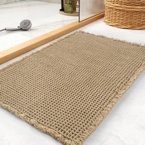 tchdio Waffle Bath Mat Rug, Super Absorbent Non Slip Bath Mats Ultra Soft Bathmat Machine Washable Bathroom Rugs with Tassels, Bath Rugs for Bathroom Floor Beside Tub, 17 x 24, Brown