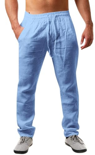 Runcati Pantaloni da Uomo in Lino, Tinta Unita, Lunghi, Leggeri, Comodi, per Il Tempo Libero, con Coulisse, per Vacanze, Spiaggia, Tutti i Giorni, Blu, XL