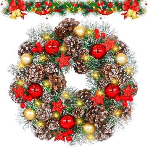 BBLTIFF Weihnachtskranz 35cm, Türkranz Weihnachten mit 30 LEDs, Christmas Wreath mit Kugel, Tannenzapfen, Beeren, Fünfzackiger Stern, Künstlicher Adventskranz für Haustür, Kamin und Wanddekoration