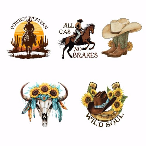 SUPERDANT 5 Pegatinas de Vaquero Occidental para Transferencia de Calor, Imágenes de Planchado para Ropa, Camisetas y Vaqueros