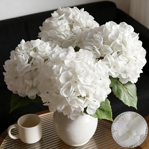 FLORRALIA 3Pcs Hydrangea Artificial Flowers, 22.44 Real Touch Latex Faux Hydrangea with Long Stems & Leaves for Home Office Decor or Wedding, Party, Centerpieces, Floral Arrangements (White)