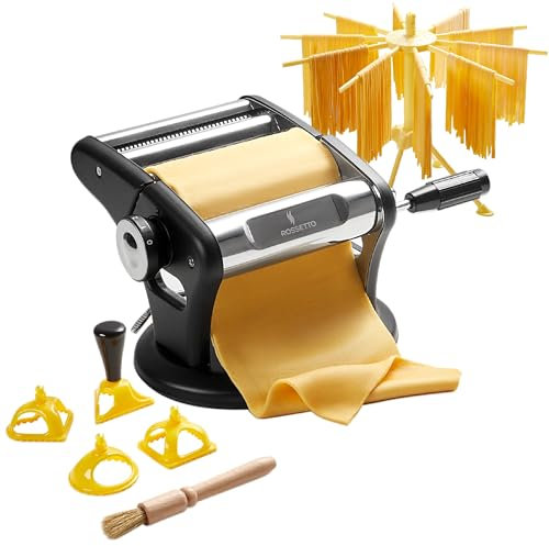 ROSSETTO Machine à pâtes manuelle avec séchoir– Machine à pâtes en acier inoxydable avec 9 épaisseurs de pâte et 2 largeurs de coupe – Pour lasagnes, spaghettis, fettuccine – Raviolis
