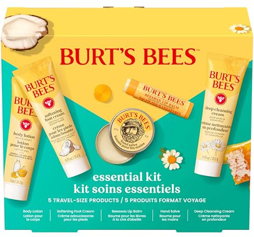 Burt's Bees Idee regalo – Essentials Everyday Set, 5 prodotti da viaggio – Crema detergente profonda, unguento per le mani, lozione per il corpo, crema per i piedi e balsamo per le labbra originale