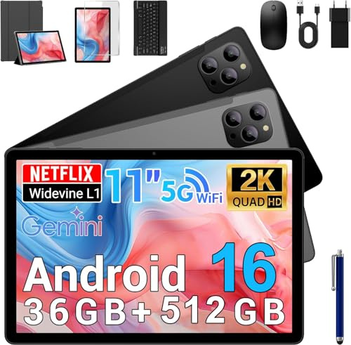 BEYNIVAN Tablet Android 16-11 Pollici Tablet in Offerta con Octa Core T615,36GB RAM + 512GB ROM (2TB TF), 5G WiFi,Gemini AI,Widevine L1,8000mAh,18W,Foto AI 16MP+8MP, TÜV, GPS,con Tastiera+Mouse,Grigio